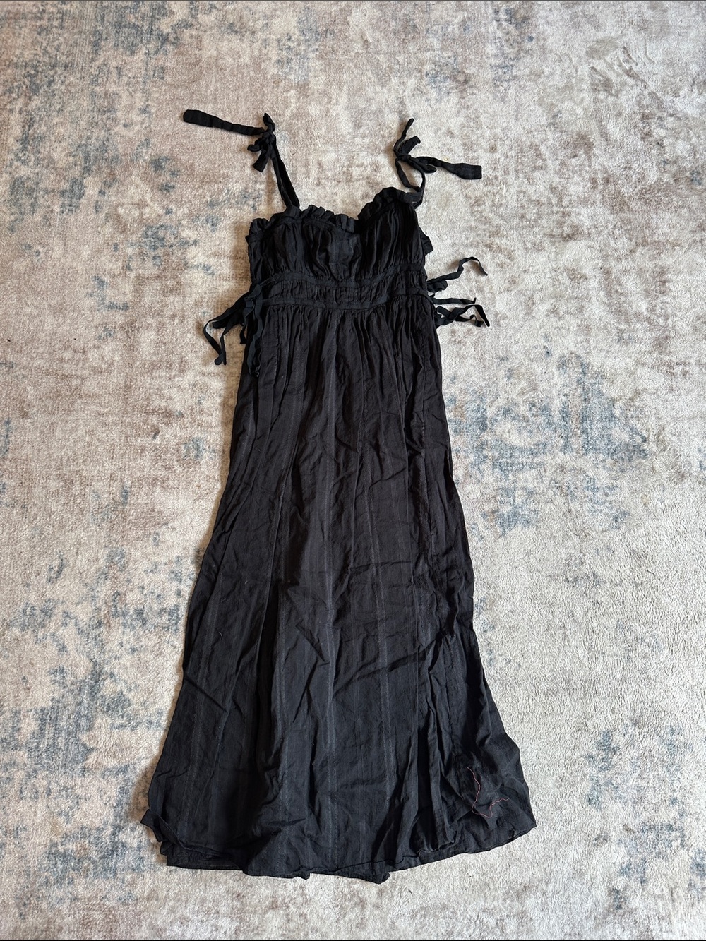 Women's Black Smocked Maxi Dress with Tie Straps